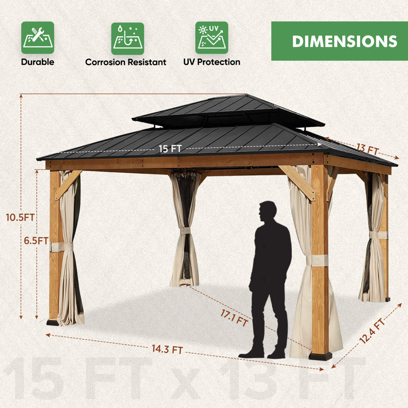 Eagle Peak 13x15 Cedar Wood Gazebo with Metal Roof and Curtains