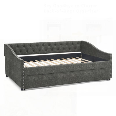 Daybed With USB Charging & Twin Size Pull-Out Extendable Bed, Button Back And Copper Nail Waved Arms For Versatile Comfort
