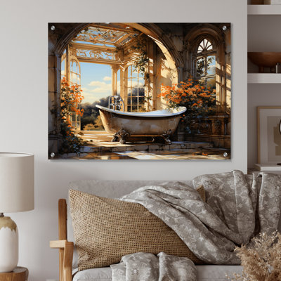 «Bathroom Golden Luxe I» - Art mural en verre acrylique pour salle de bain