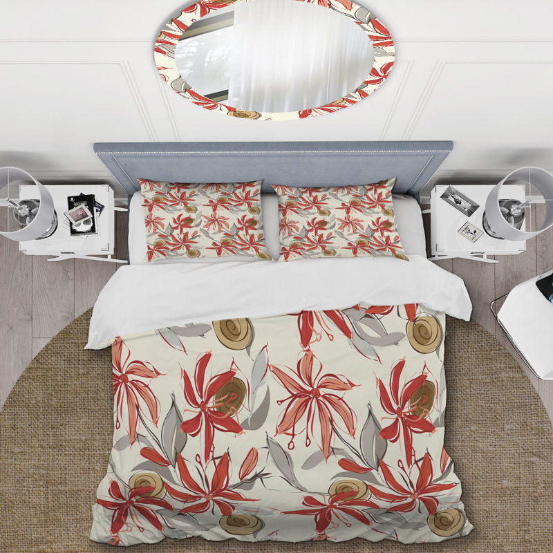 Ensemble de housse de couette Red Flower And Grey Leaf - Cabin & Lodge, Housse de couette pour très grand lit et 2 très