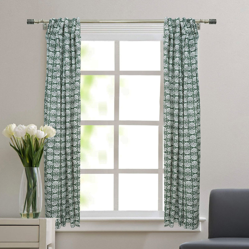 Classic Block Print Linen Curtain Artisanal Home Décor, Bejhni, Green, 54" W x 63" L