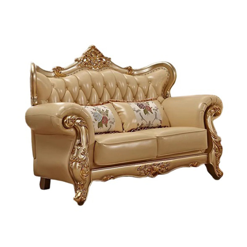 Causeuse à accoudoirs roulés en cuir véritable de style européen en bois massif et or champagne de 68,8 po