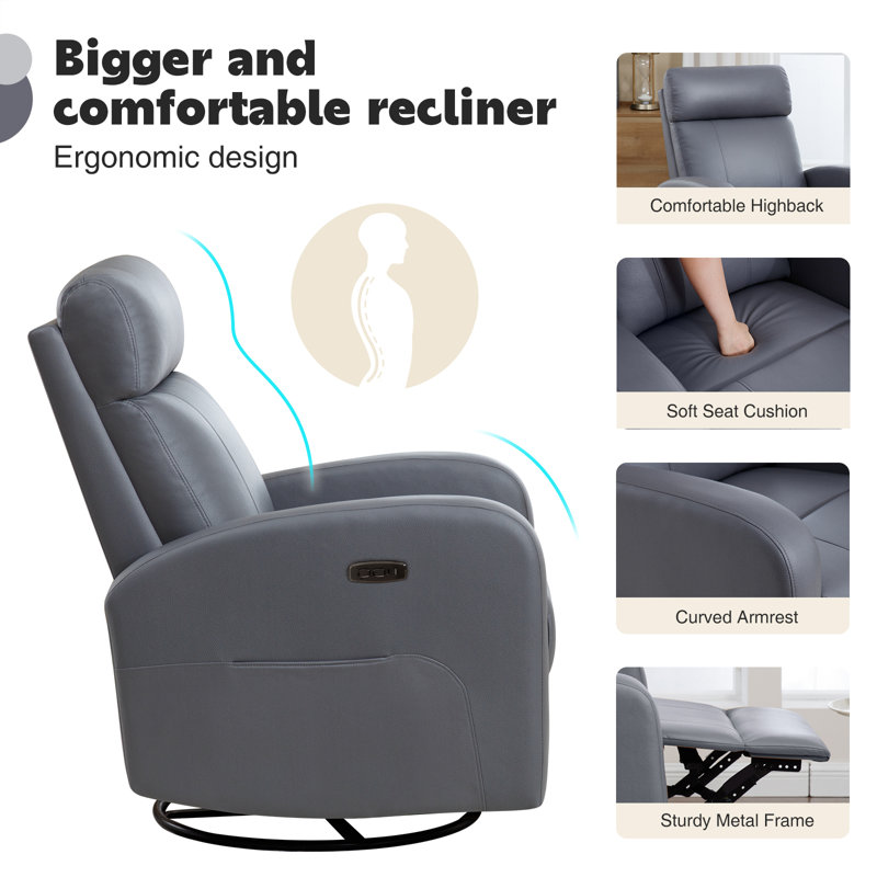 Gray Faux Leather Swivel Rocker Recliner with USB Port