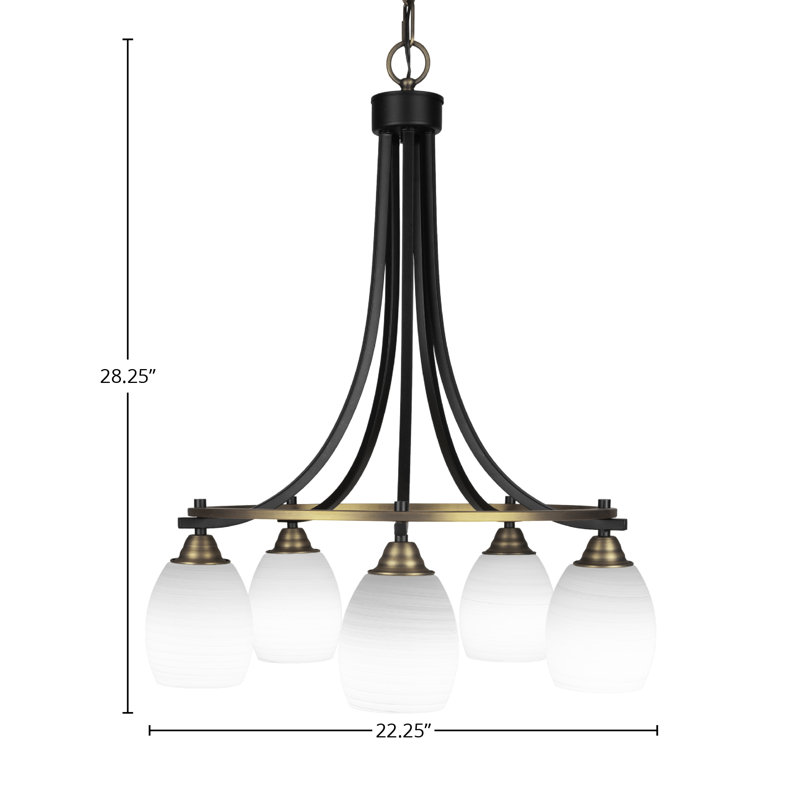 Michell 5 Light Downlight Chandelier Shown In Matte Black & Brass Finish With 5" White Linen Glass