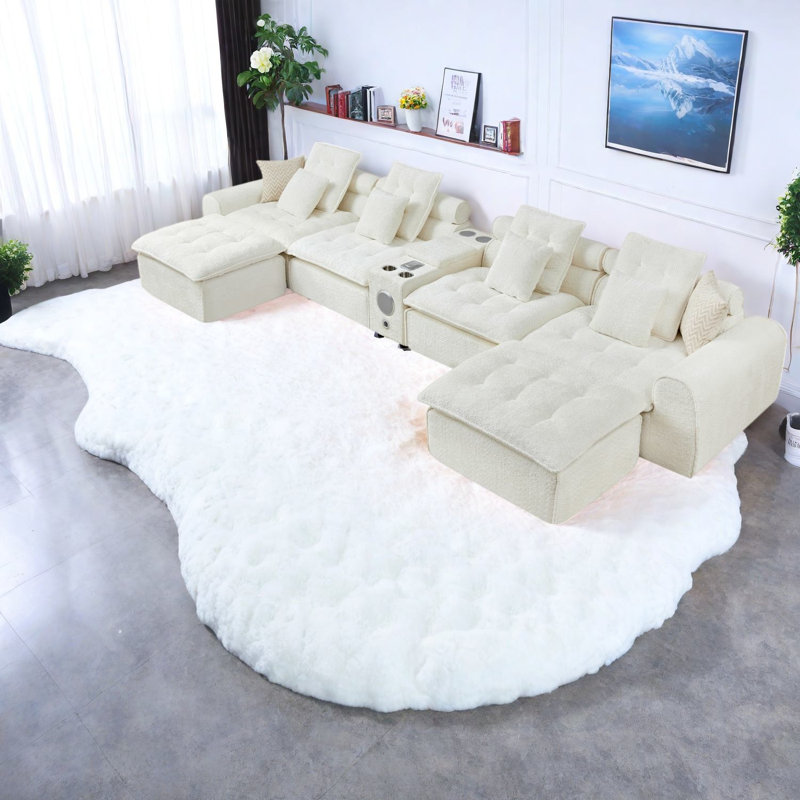 Canapé d'angle moderne et spacieux, canapé profond en boucle blanche pour la maison et la famille, Blanc
