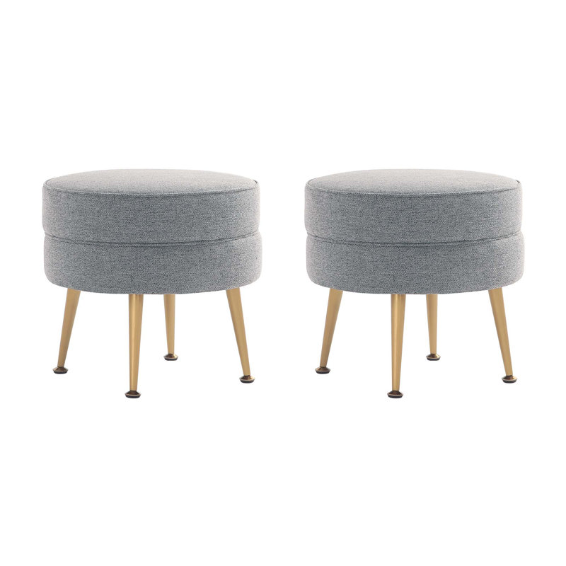 Luker Woven Polyester Blend Upholstered Ottoman in Oatmeal with Gold Feet (Set of 2), Gray, Gold