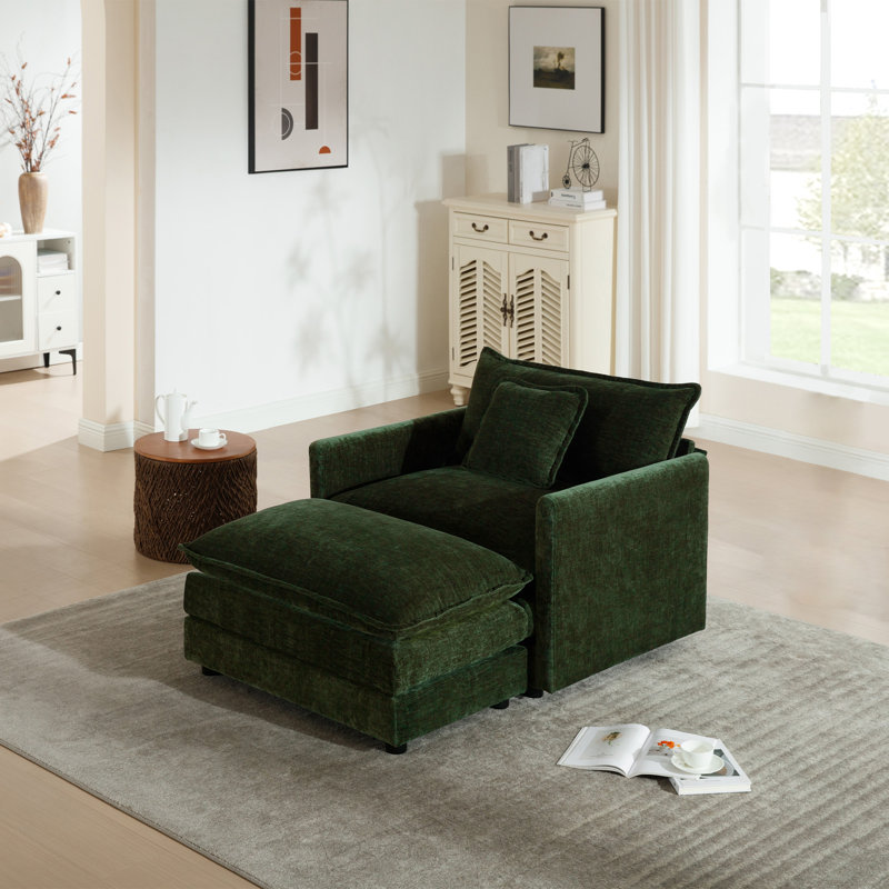 Ensemble de salon, canapé en chenille avec repose-pieds, pour le salon, Chenille verte