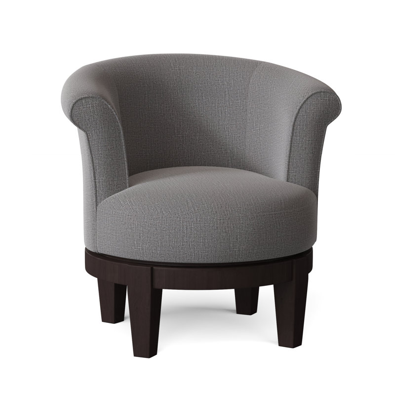 Attica Upholstered Swivel Barrel Chair, Charcoal Grey Performance, Dark Walnut