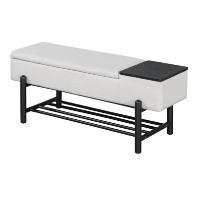 Farmhouse Upholstered Storage Bench with Hidden Compartments - Black Entryway Seat with Rubber Wood Frame