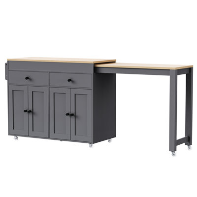 Extendable Kitchen Island With 2 Large Cabinets & Wheels - Grey Ample Storage Dining Table