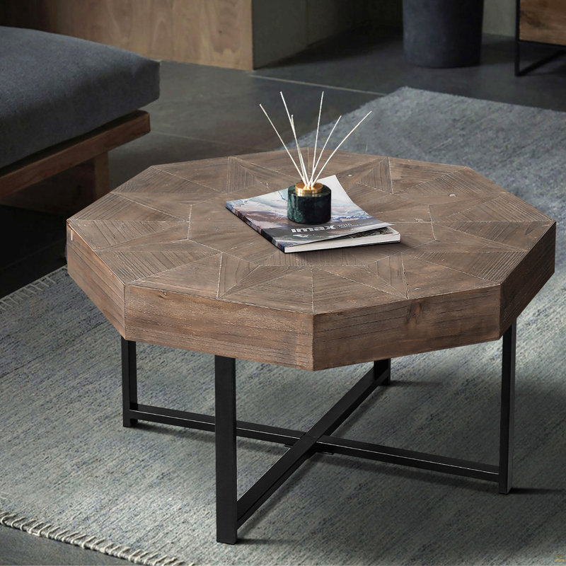 Table basse octogonale en bois à motif de patchwork de style campagnard 30 pouces, Brown / Black