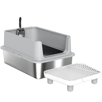 Comfortable Stainless Steel Cat Litter Box For Large Breeds, High Walls And Included , Gray Hygienic Wide - Spaced Box, Steel, Filter Pedal, Avoid Mess,