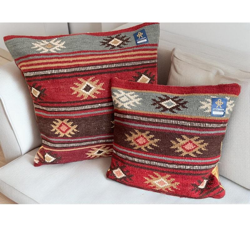 Zanskar Kilim Cushion Cover in Rich Red Multi Colour Geometric Pattern, 45cm x 45cm