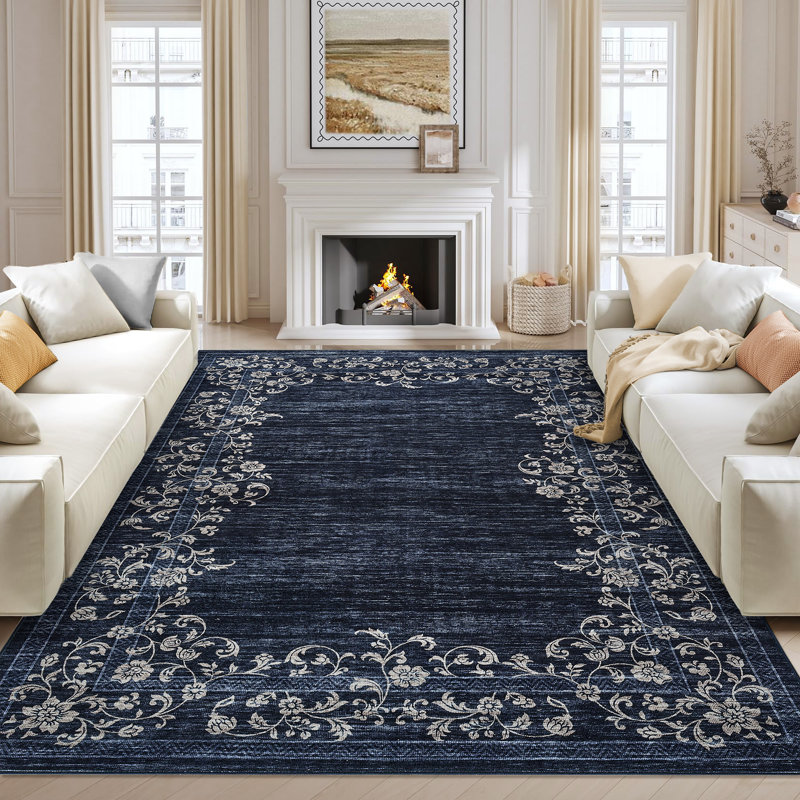 Machine Washable Non-Slip Rugs for Living Room Border Floral Vintage Distress Print Carpet Indoor Non-Shedding Rugs for Living Room Dining Room
