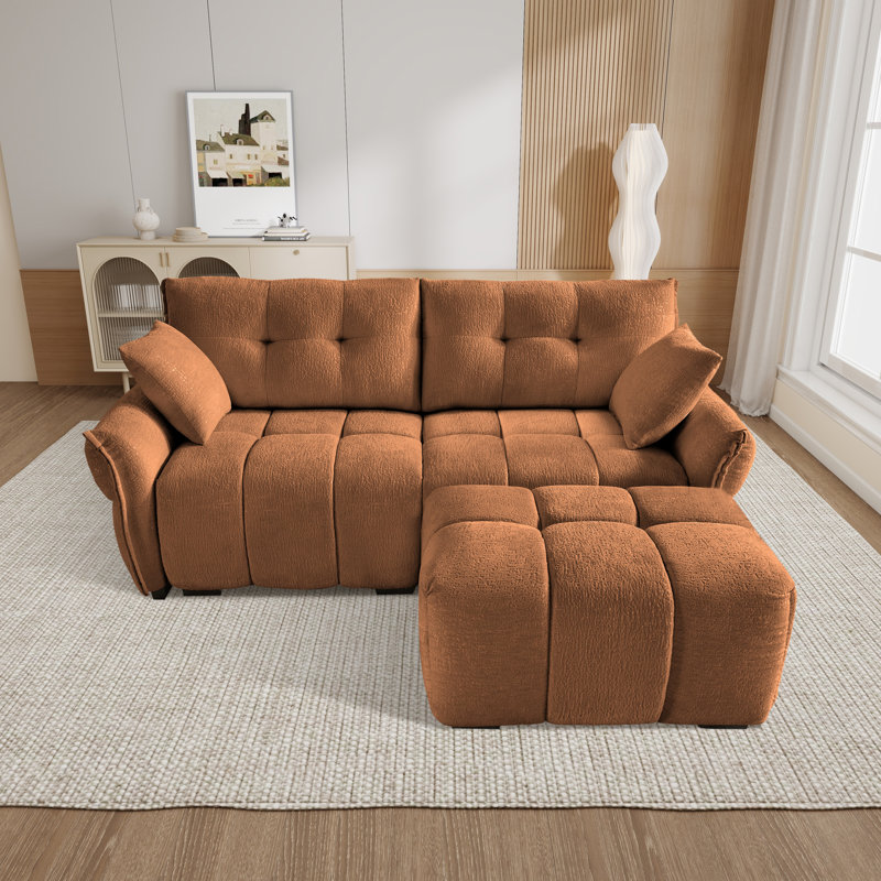 Chenille Upholstered 2-Seater Sectional Sofa With Ottoman, Burnt Orange Chenille