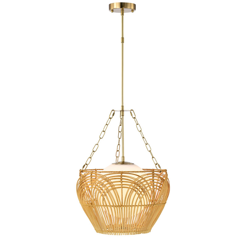 15" Brass and Woven Rattan Globe Pendant Light with Frosted Glass Shade