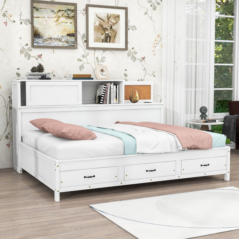 Kisor Wood Platform Bed with USB charging ports and outlets and Drawers, Full, White