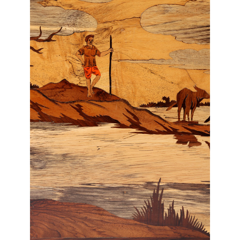 Hand-Carved Rural Scene 3D Wood Inlay Wall Art, 19-Inch Rustic Farmhouse Panel with Bull at Lake