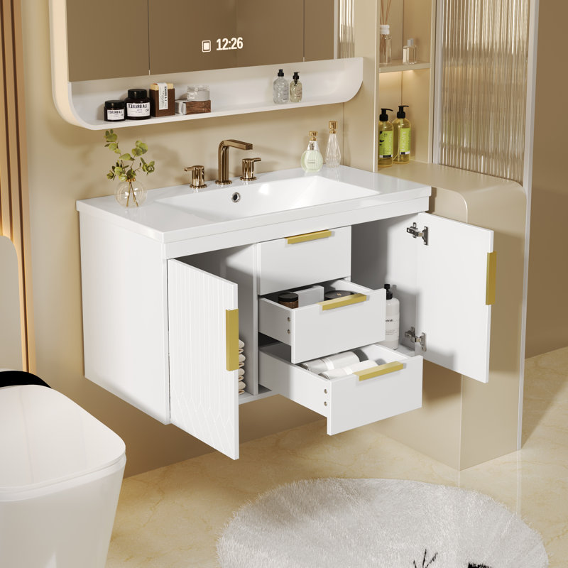 Meuble-lavabo mural avec lavabo, meuble-lavabo flottant avec 2 tiroirs,, Blanc