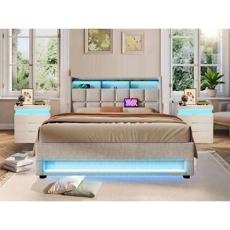 3-Piece Bedroom Set ,Upholstered Platform Bed With A Hydraulic Storage System , LED ,USB Charging And 2 LED Nightstand, Queen