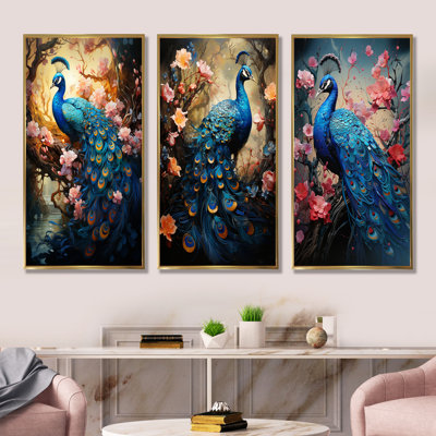 Fantaisie paon en fleurs enchantées - paon, ensemble de 3 reproductions d'art mural