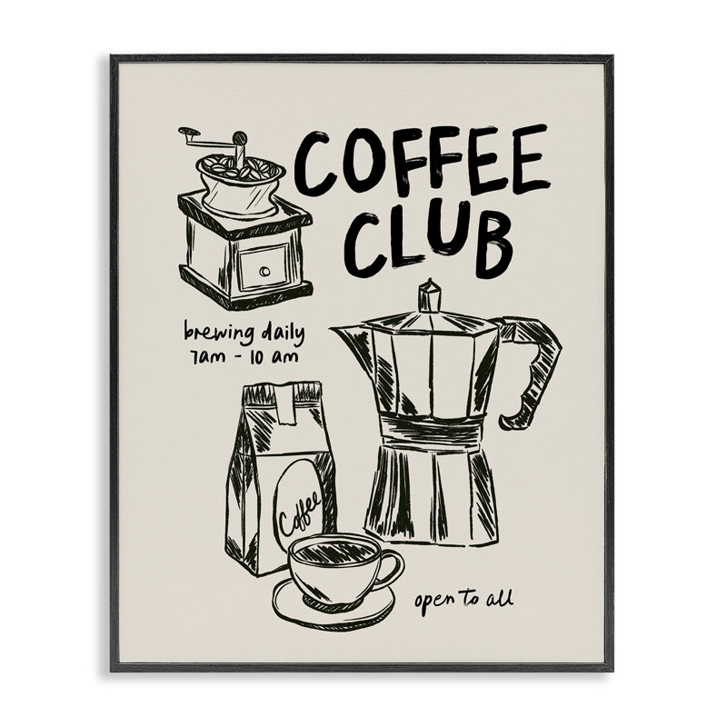 «Coffee Club Open To All», estampe numérique, design by JJ Design House LLC, H 14 po x l 11 po, Giclée encadrée noir minuit