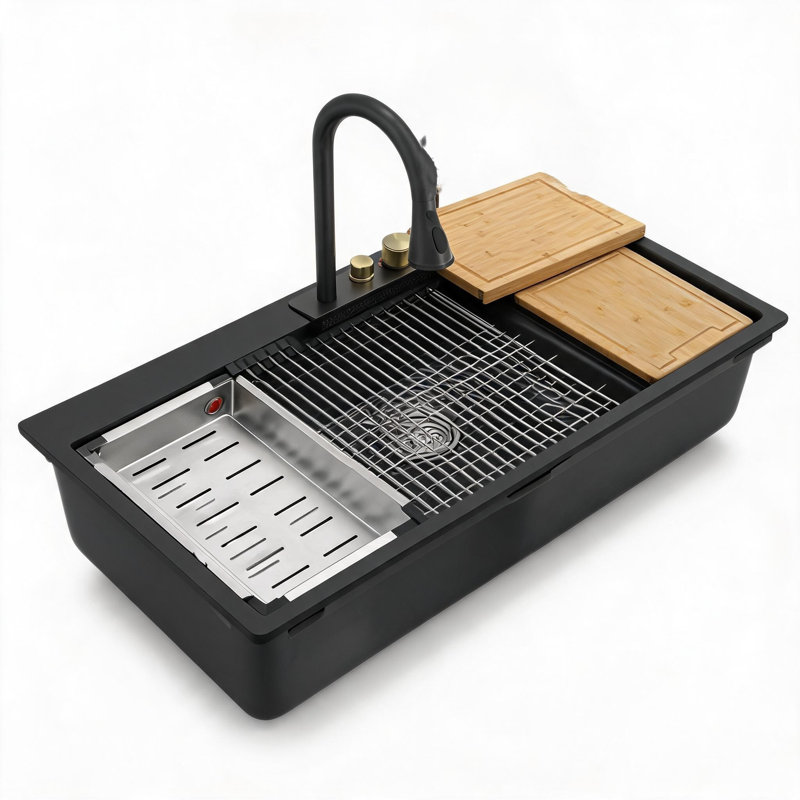 Évier de cuisine encastré à une cuve en composite de granit et quartz noir de 33 pouces avec robinet extractible