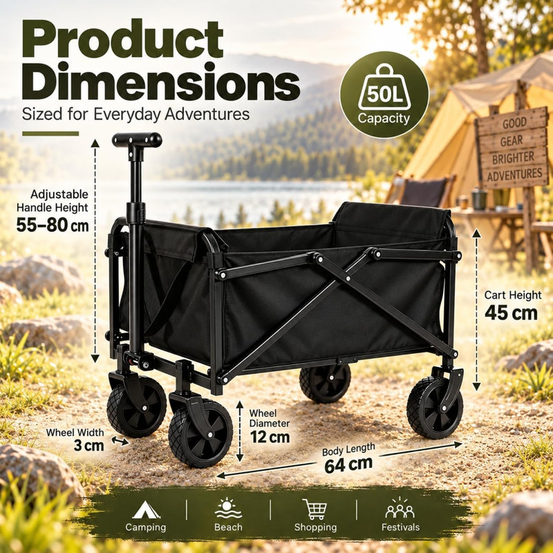 50L Festival Trolley on Wheels, Heavy Duty Foldable Camping Trolley