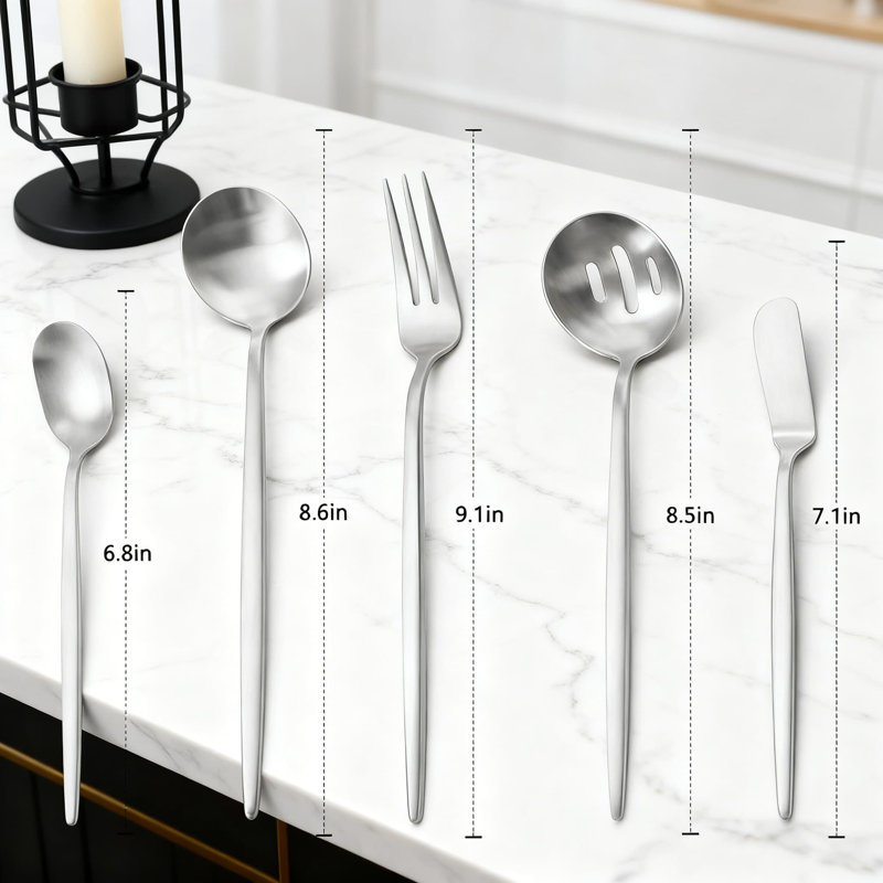 Ensemble de service 5 pièces argenterie mat, ustensiles ronds en acier inoxydable avec finition satinée, couverts allant au lave-vaisselle