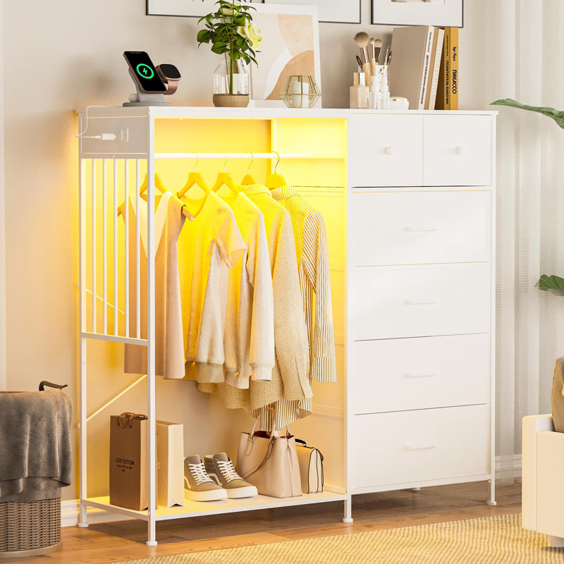 49.2" Dresser with Hanging Rack, 6 Fabric Drawers, LED Lights & Charging Station, White
