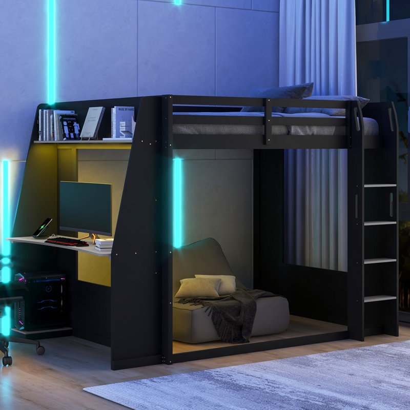 Grand lit superposé en bois avec bureau, deux tablettes de rangement, USB et lumière DEL, noir et gris, Grey
