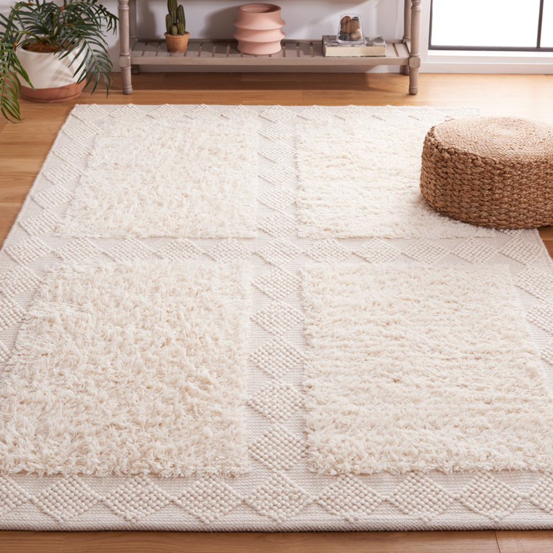 Tapis de couleur unie en laine / coton tissé à la main Natura en ivoire, Rectangle de 5 pi x 8 pi