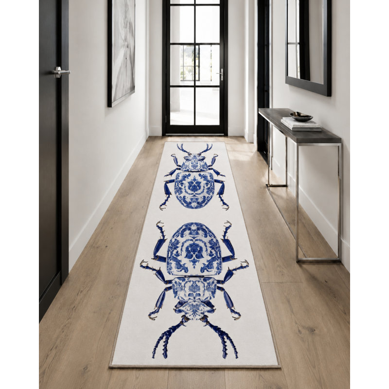 Blue Insect Patterned Washable Carpet, Runner 2'6" x 6'7"