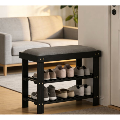 Banc de rangement pour chaussures à 3 niveaux pour hall d'entrée, coussin en lin, supportant 331 lb, 11,4 po de profondeur, banc de décoration élégant avec deux supports, revêtement épais, 23,6 po de largeur, capacité de 22 lb