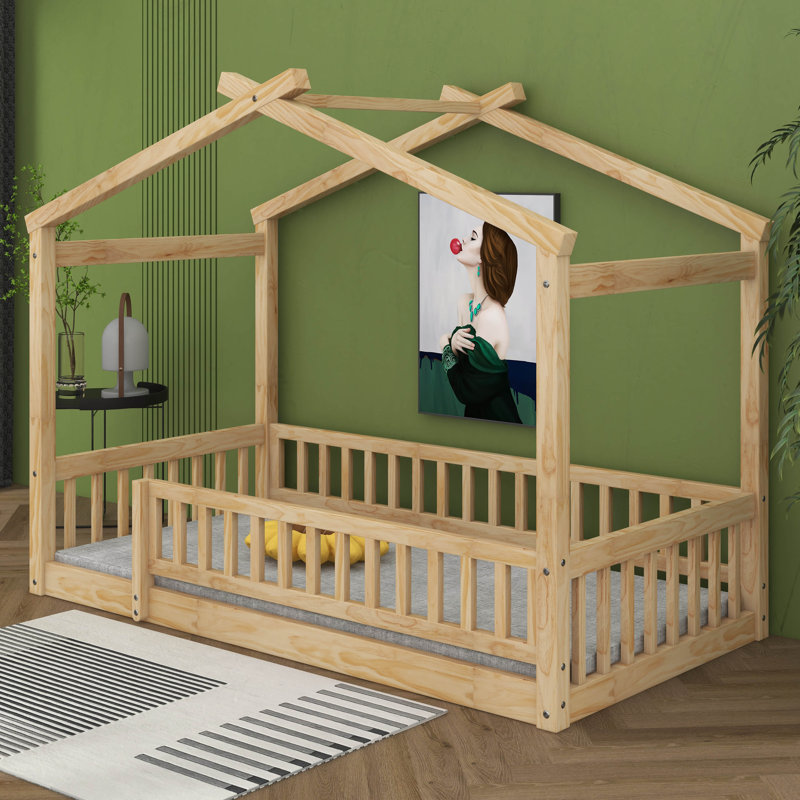 Twin Size Wooden House Bed With Fence, Wood Bed Frame With Roof And Safety Guardrail For Kids, Teens, Boys Or Girls, Natural