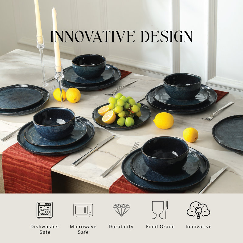 Stone Lain Mirella Stoneware 12 Piece Dinnerware Set, Service for 4, Deep Blue, Blue
