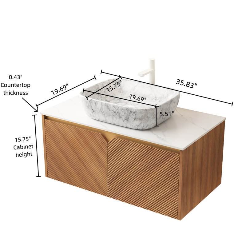 36 - Inch Bathroom Vanity Featuring Floating Storage, Twill Symmetry Double Doors, Marble Ceramic Sink, White Sintered Stone Countertop 36" Vanity: Plywood Cabinet,