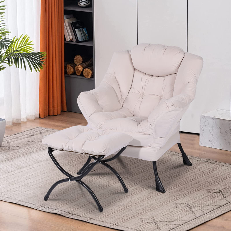 Cyntha 28.5" Wide Lounge Chair and Ottoman, Beige Velvet