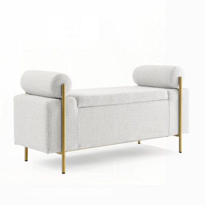 Elegant Upholstered Linen Storage Bench With Cylindrical Arms And Iron Legs For Hallway, Living Room, And Bedroom