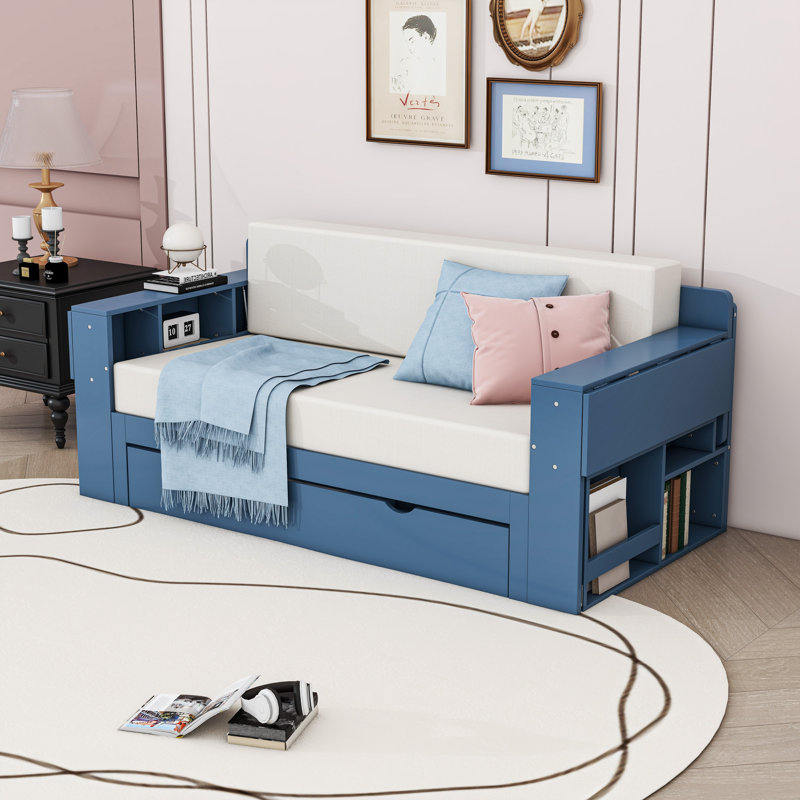 Wood Daybed with Desk and Storage Drawers and Shelves, Blue, Full