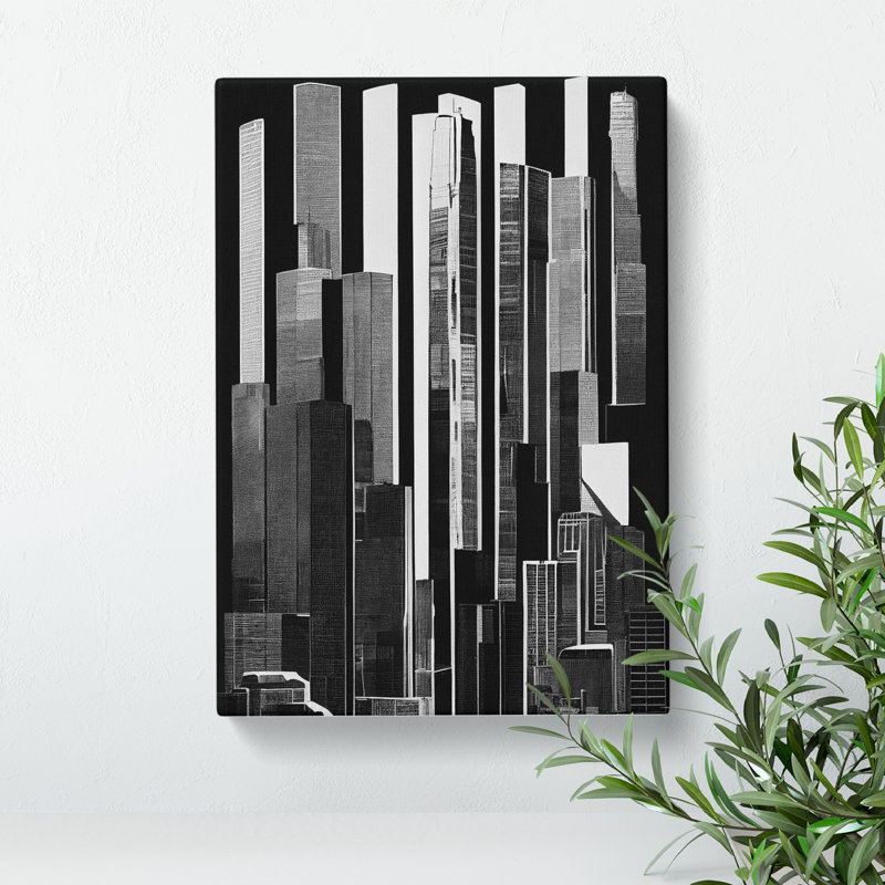 Monochrome City Skyline Abstract No.4 - Wall Art, 46cm H x 34cm W x 2cm D, Oak Framed