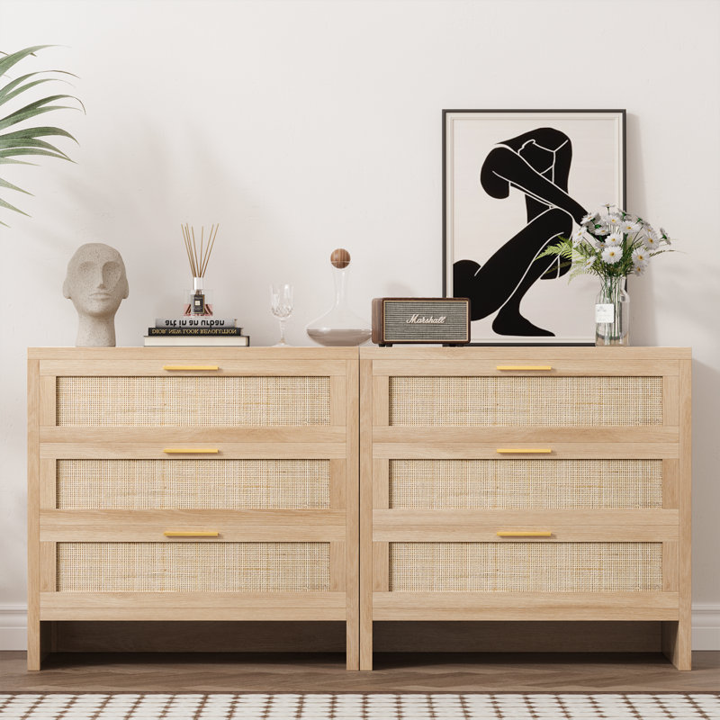 31.5" W  Rattan Drawers Dresser, Chest of 3 Drawers, Natural Wood Colour, for Bedroom, Hallway, Living Room（Set of 2）