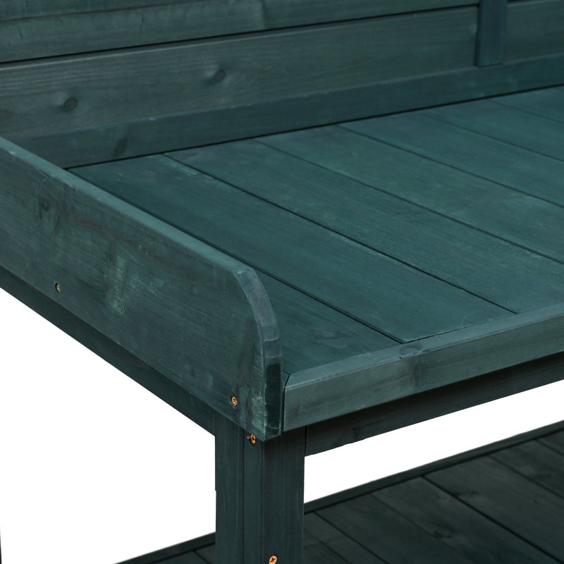 Banc de rempotage en bois de sapin H 65 po Pradyoth avec 4 tablettes de rangement et crochet latéral, Vert foncé
