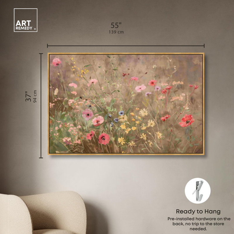 «Wildflower Meadow Canvas Cottage» par Art Remedy, H 37 po x l 55 po, Cadre flottant doré