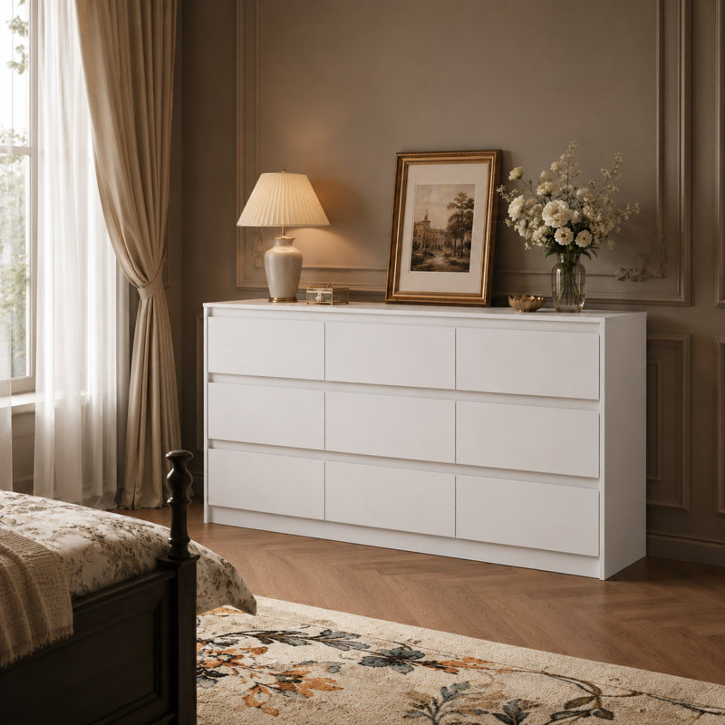 Commode 9 tiroirs, commode en bois 9 tiroirs, Blanc