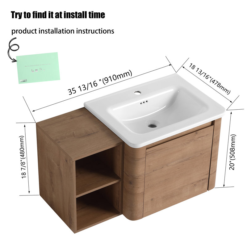 Meuble-lavabo mural flottant avec plateau en céramique, 36"