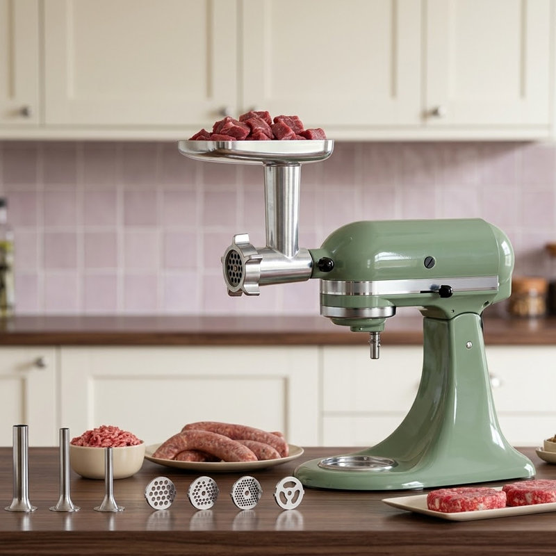 Meat Grinder and Slicer Shredder Attachment Set Compatible with KitchenAid Stand Mixers, 4 Grinding Plates and 2 Blades, 3 Sausage Stuffer Tubes