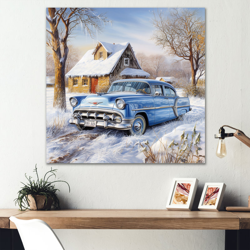 «Old American Car Charm In Winter» - Décoration murale vieille voiture américaine, H 30 po x l 30 po, Gold Floater Framed