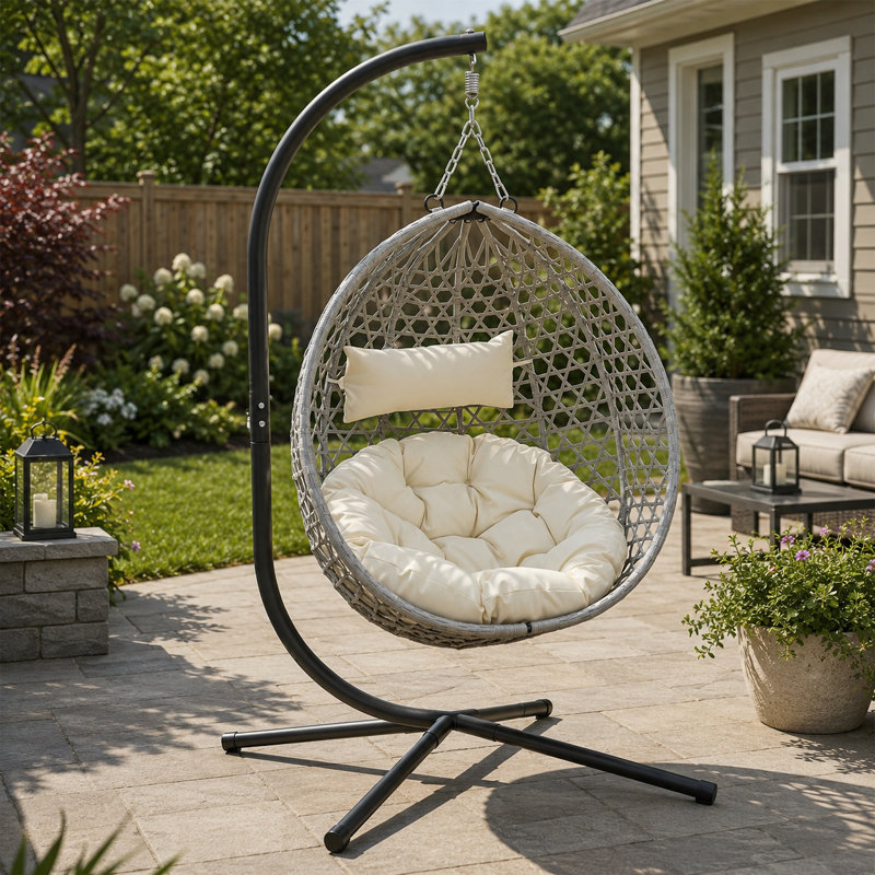 Fauteuil à œufs suspendu avec support, balancelle en rotin PE pliable avec coussin et appui-tête, capacité de 350 lb pour une utilisation intérieure et extérieure
