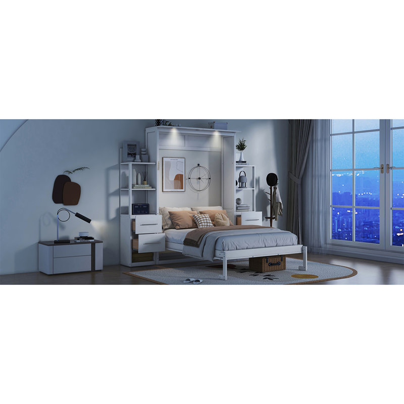 Lit escamotable double pleine grandeur avec tablettes, tiroirs et lumières DEL